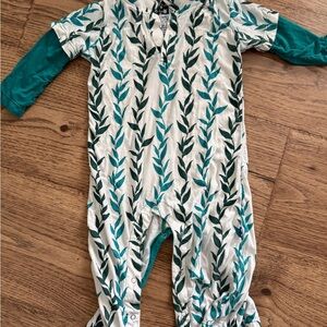 Kickee Pants White Footie with Teal and Dark Green Leaf Print